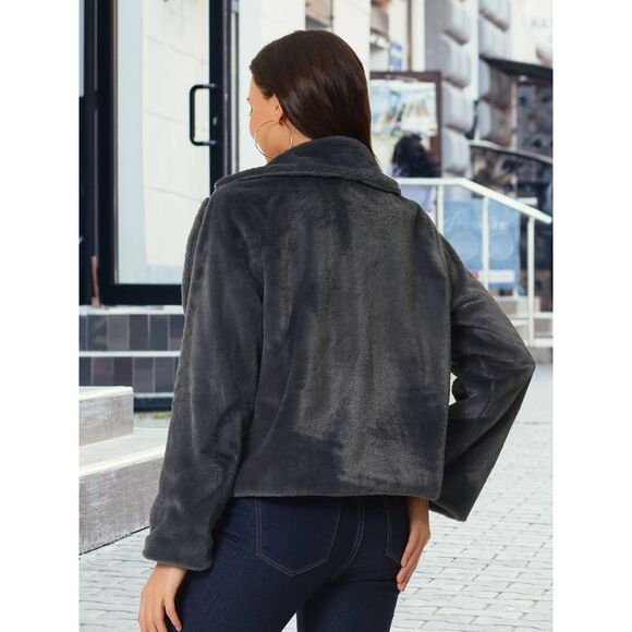 Women's Winter Cropped Jacket Notch Lapel Faux Fur Fluffy Coat Dark Grey - Picture 4 of 5